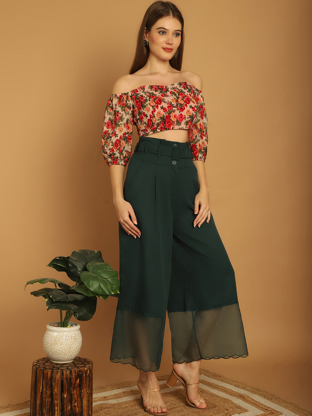 Floral Off-Shoulder Top With Organza Detail Trouser