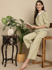 Green Checkered Nightwear With Peter Pan Collar