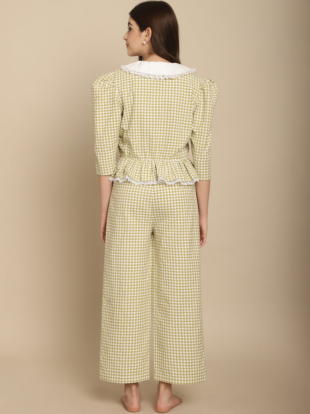 Green Checkered Nightwear With Peter Pan Collar