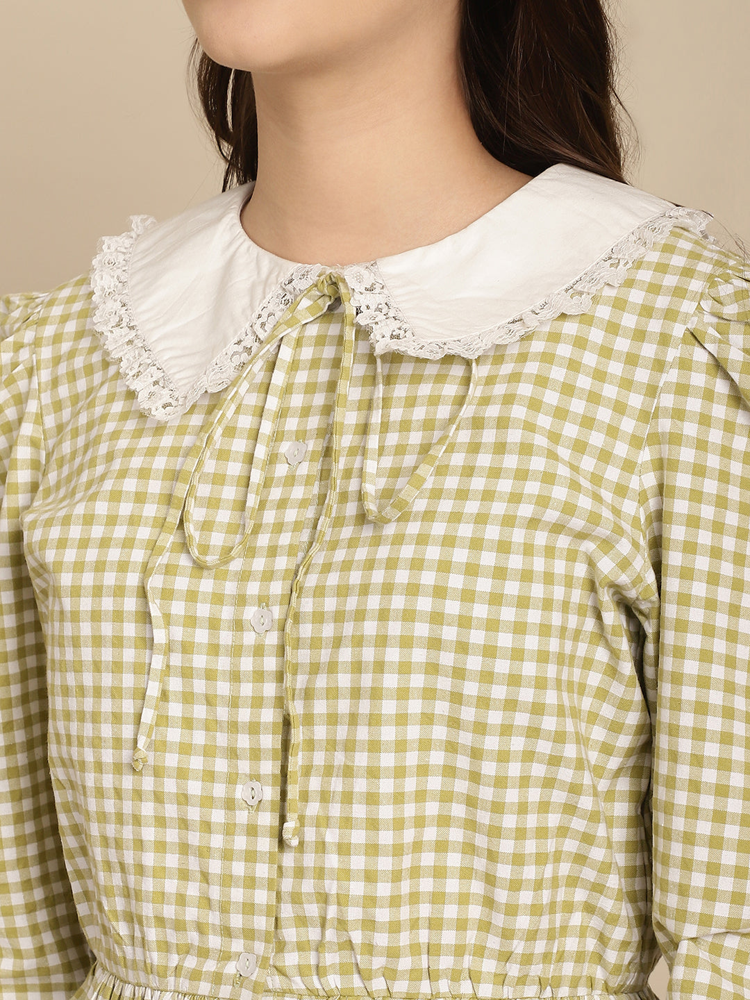 Green Checkered Nightwear With Peter Pan Collar