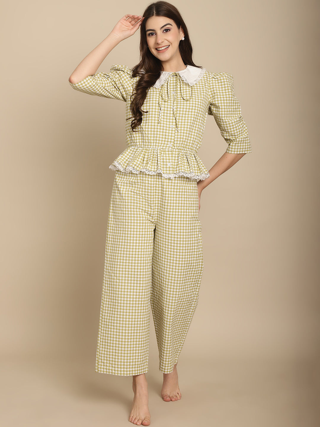 Green Checkered Nightwear With Peter Pan Collar