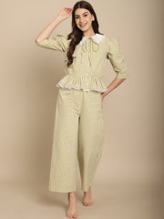 Green Checkered Nightwear With Peter Pan Collar