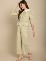 Green Checkered Nightwear With Peter Pan Collar