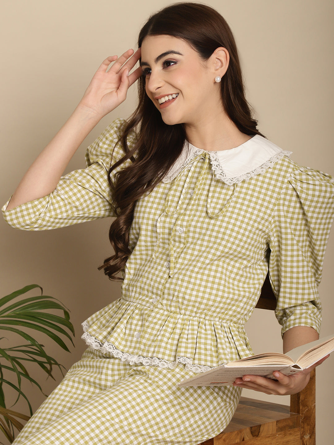 Green Checkered Nightwear With Peter Pan Collar