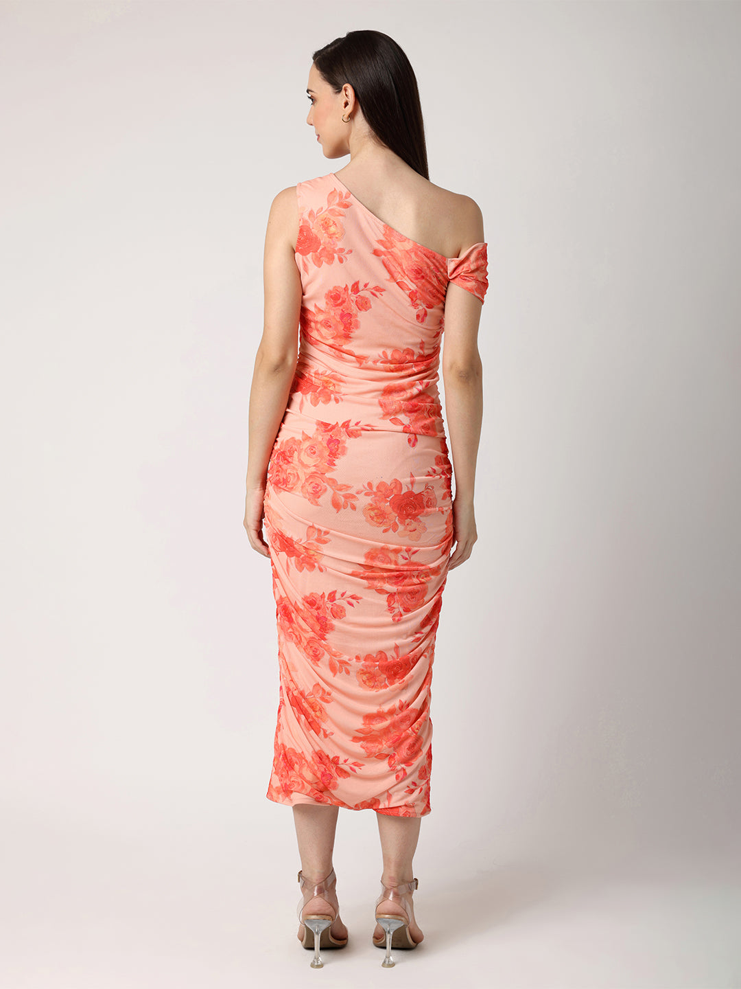 Orange Floral One Shoulder Fitted Dress