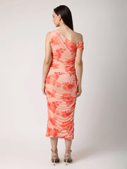Orange Floral One Shoulder Fitted Dress