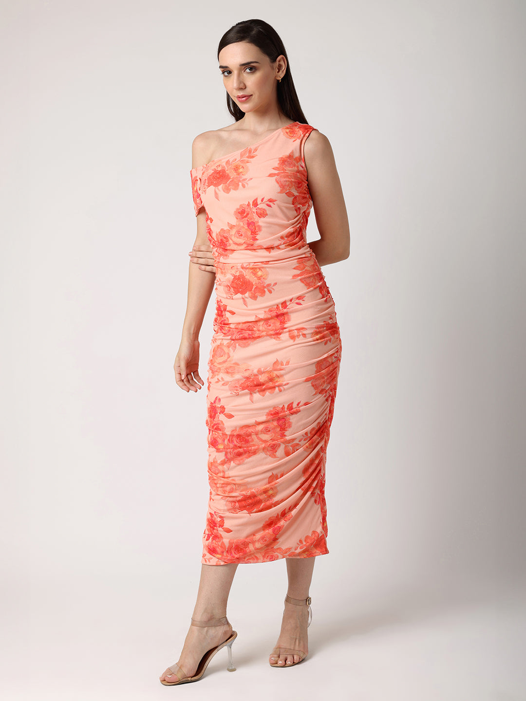 Orange Floral One Shoulder Fitted Dress