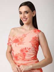 Orange Floral One Shoulder Fitted Dress