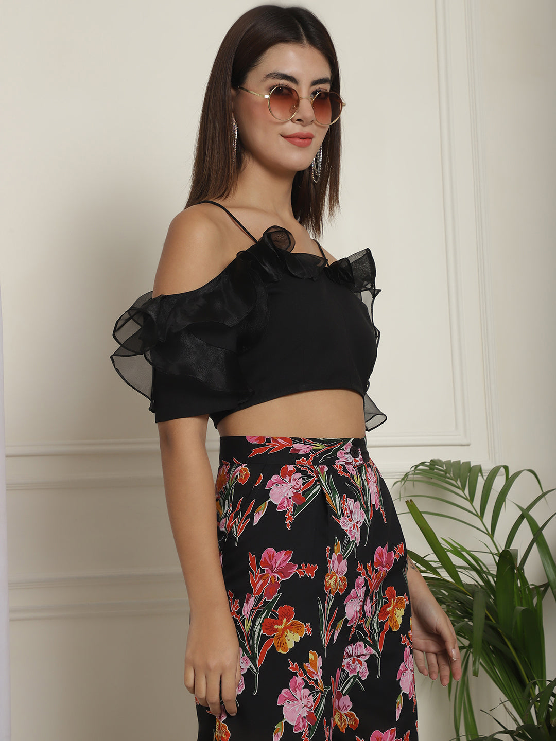 Organza Detail Top With Floral Trouser