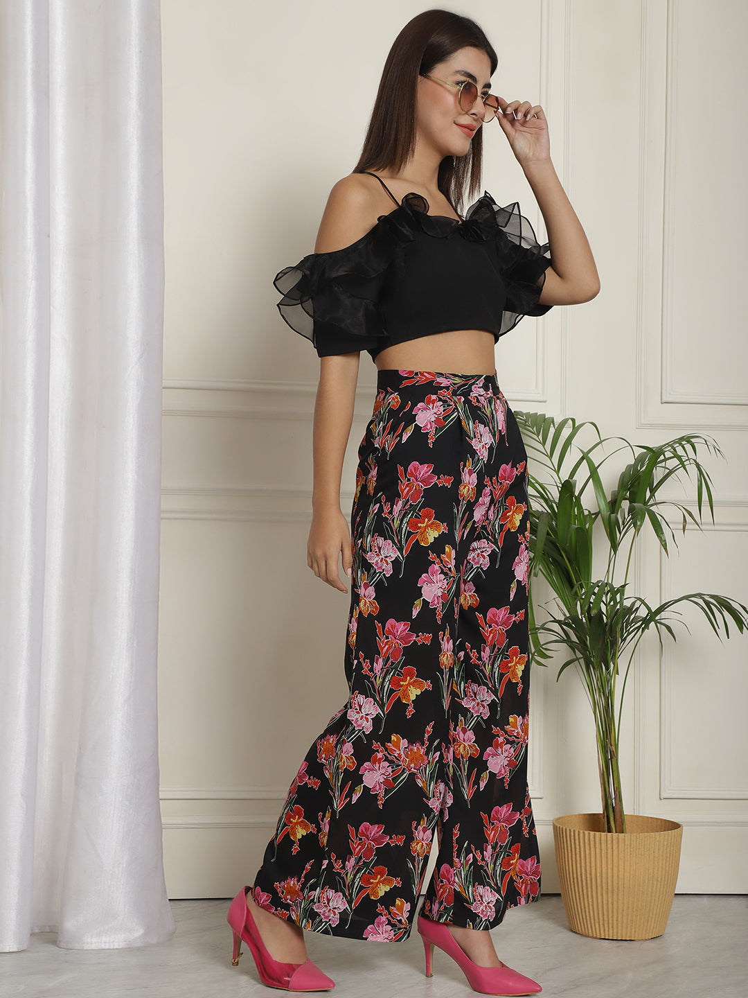 Organza Detail Top With Floral Trouser