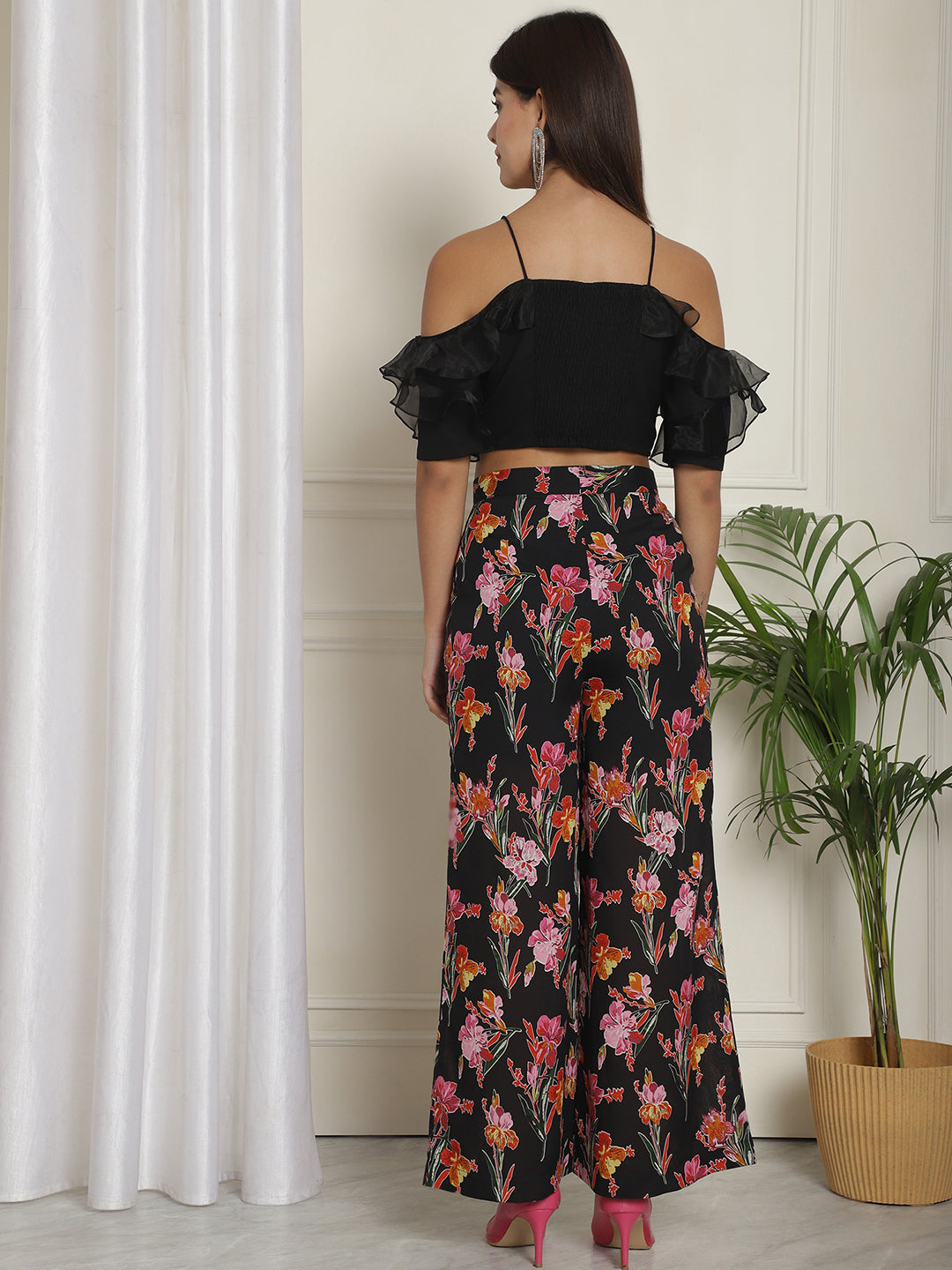 Organza Detail Top With Floral Trouser