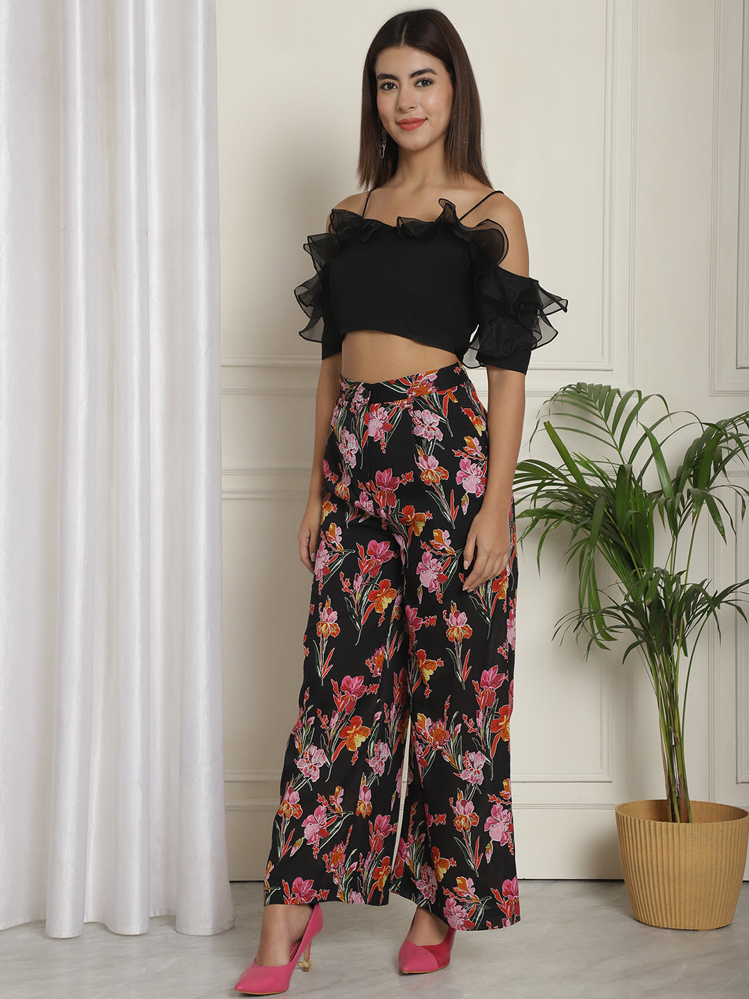 Organza Detail Top With Floral Trouser