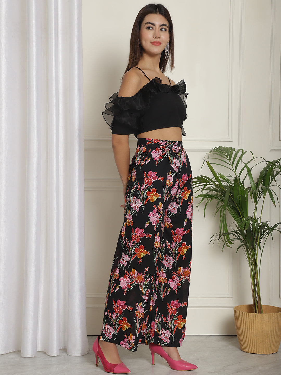 Organza Detail Top With Floral Trouser