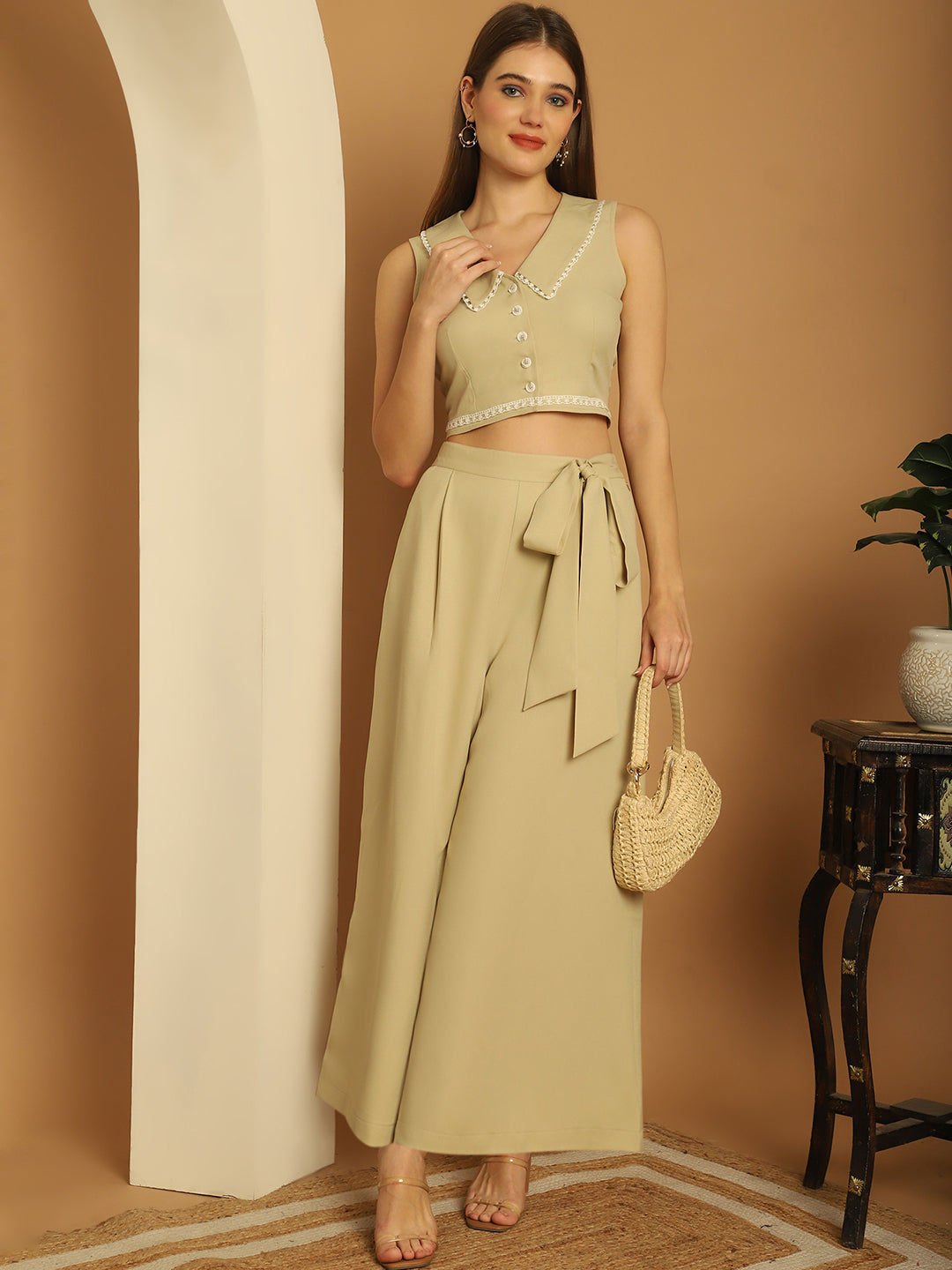Peter-Pan Collar With Contrast Lace Co-Ord Set