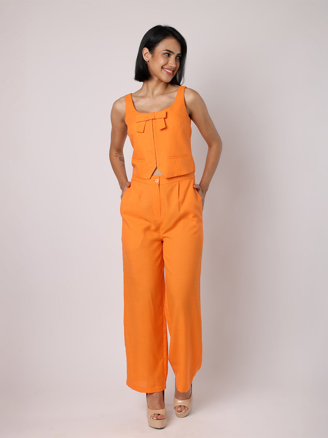 Orange Waist Coat With Bow & Trousers