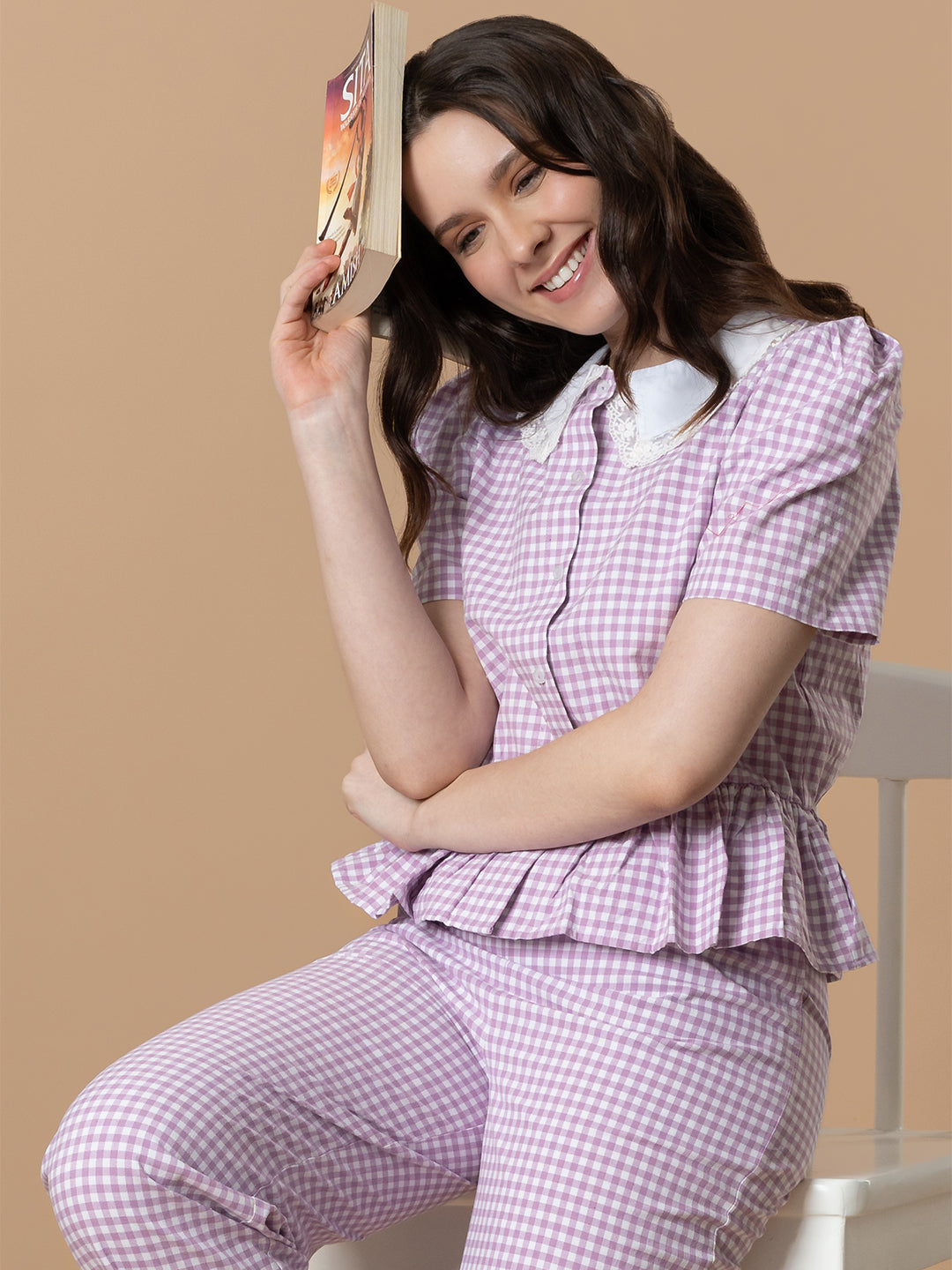Lilac Checkered Nightwear With Peter Pan Collar