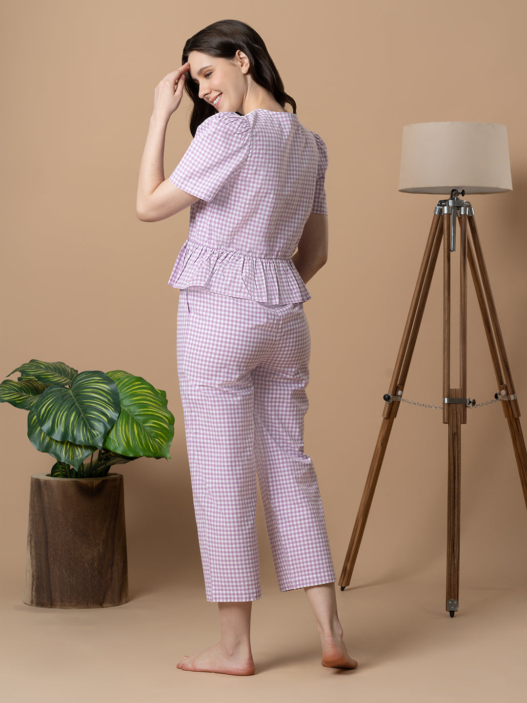 Lilac Checkered Nightwear With Peter Pan Collar
