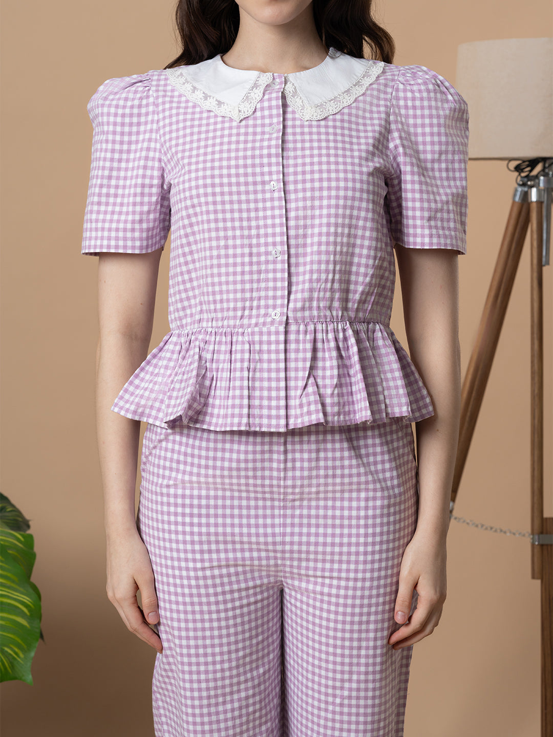 Lilac Checkered Nightwear With Peter Pan Collar