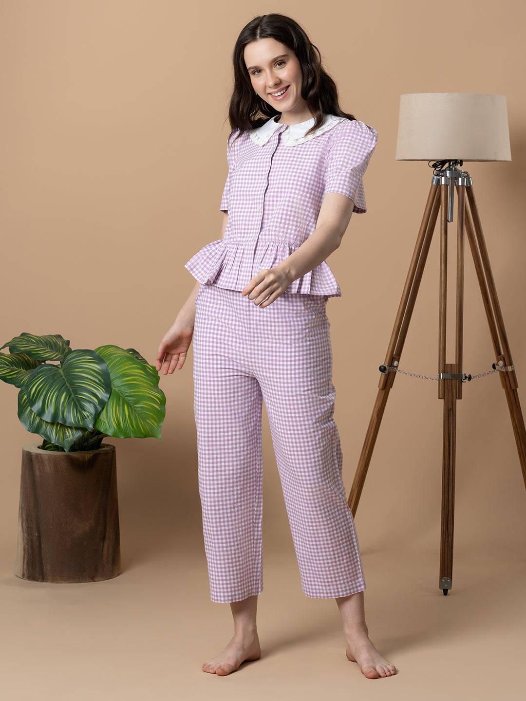 Lilac Checkered Nightwear With Peter Pan Collar