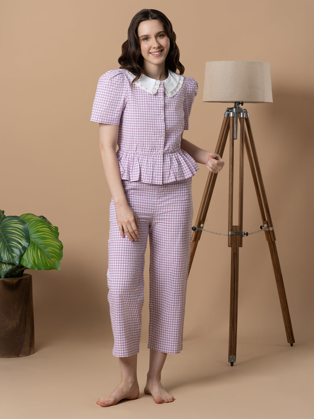 Lilac Checkered Nightwear With Peter Pan Collar