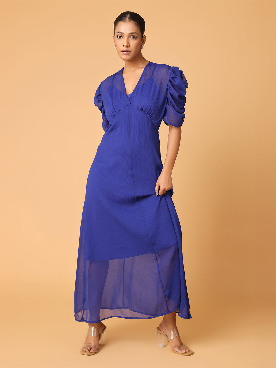 Royal Blue Puffed Cowl Sleeves Dress