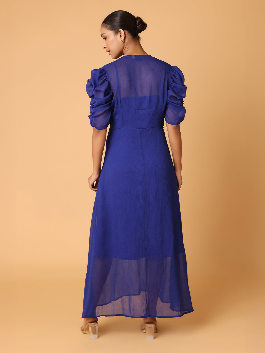 Royal Blue Puffed Cowl Sleeves Dress