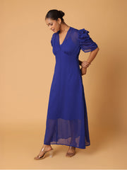 Royal Blue Puffed Cowl Sleeves Dress