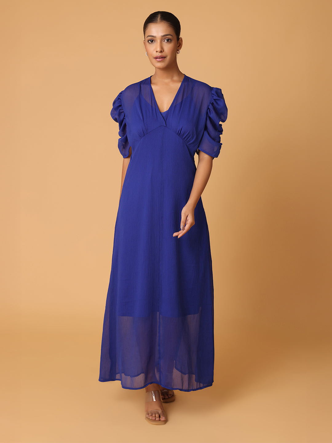 Royal Blue Puffed Cowl Sleeves Dress