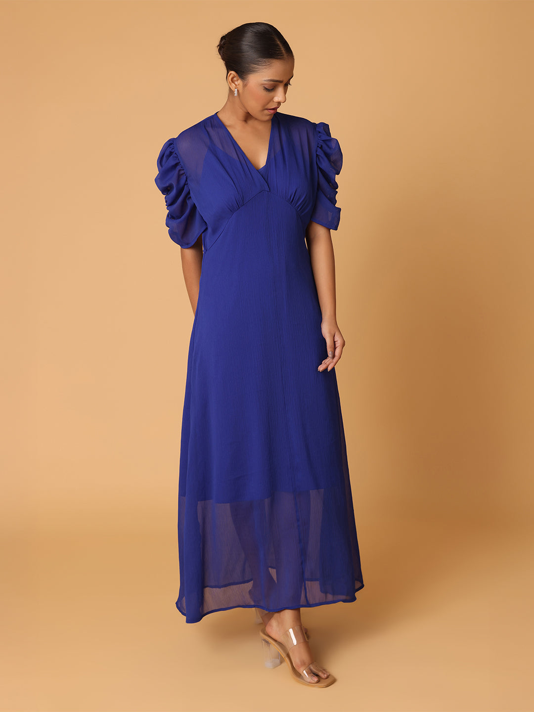 Royal Blue Puffed Cowl Sleeves Dress