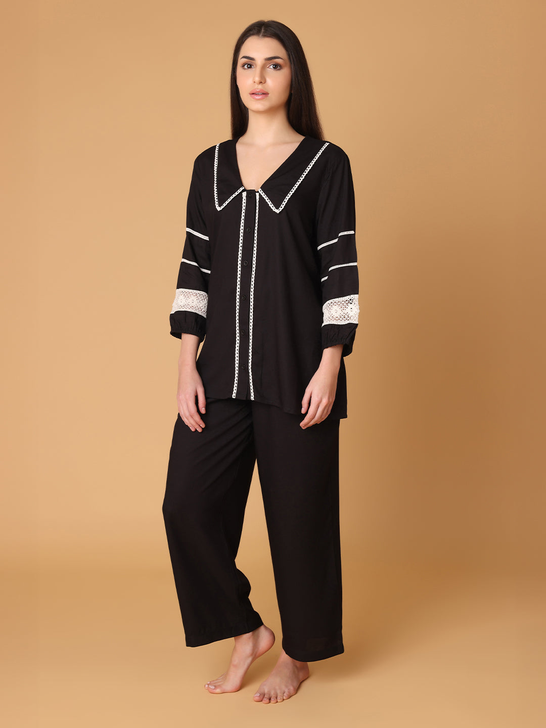 Black Collared Nightwear With Lace Inserts In Sleeves