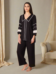 Black Collared Nightwear With Lace Inserts In Sleeves