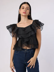 Black Double Layered Frill Organza Top