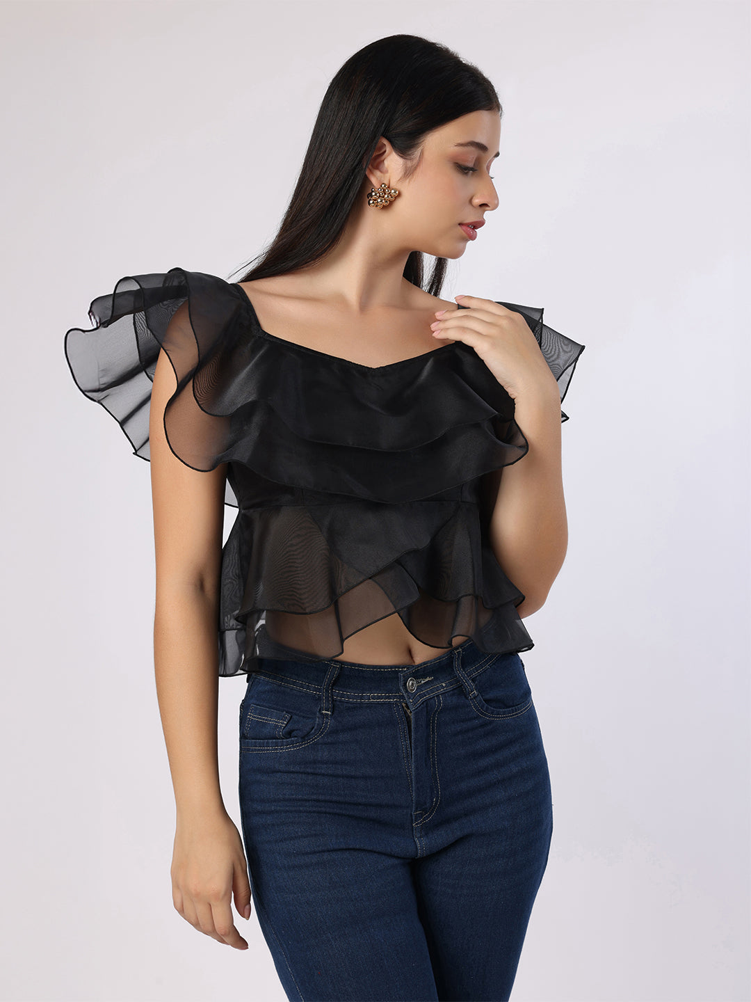 Black Double Layered Frill Organza Top
