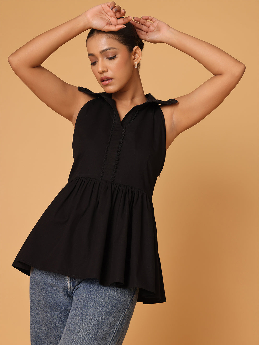 Black Peplum Shirt With Detail At Collar And Placket