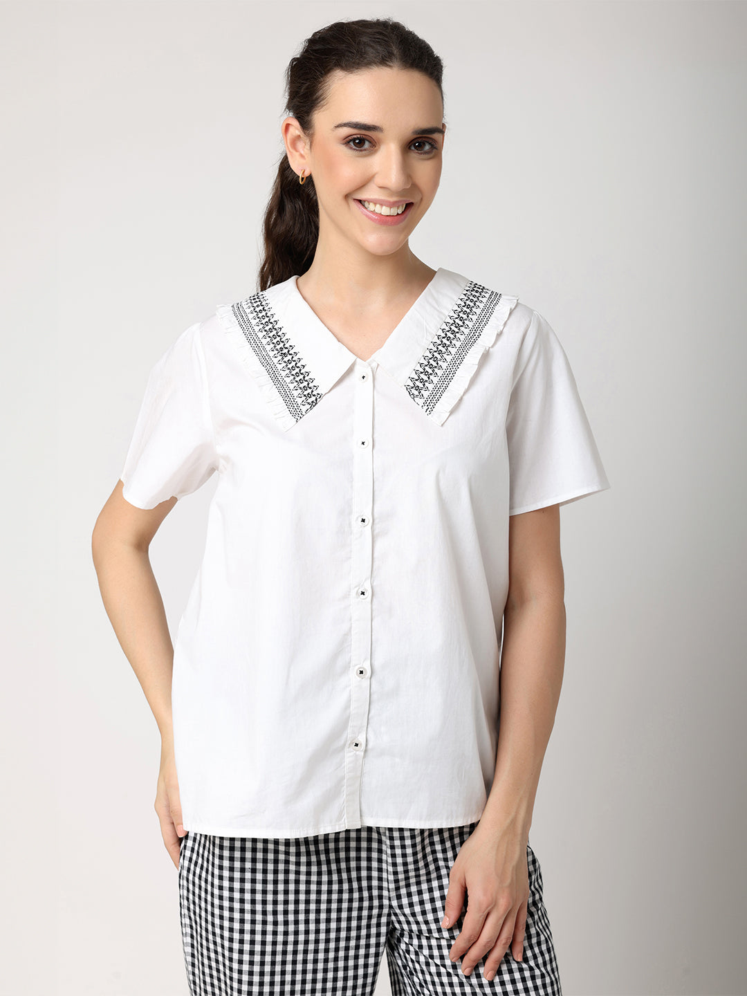 Black & White Checkered Pyjama Set With Smocked Collar White Top