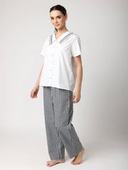 Black & White Checkered Pyjama Set With Smocked Collar White Top