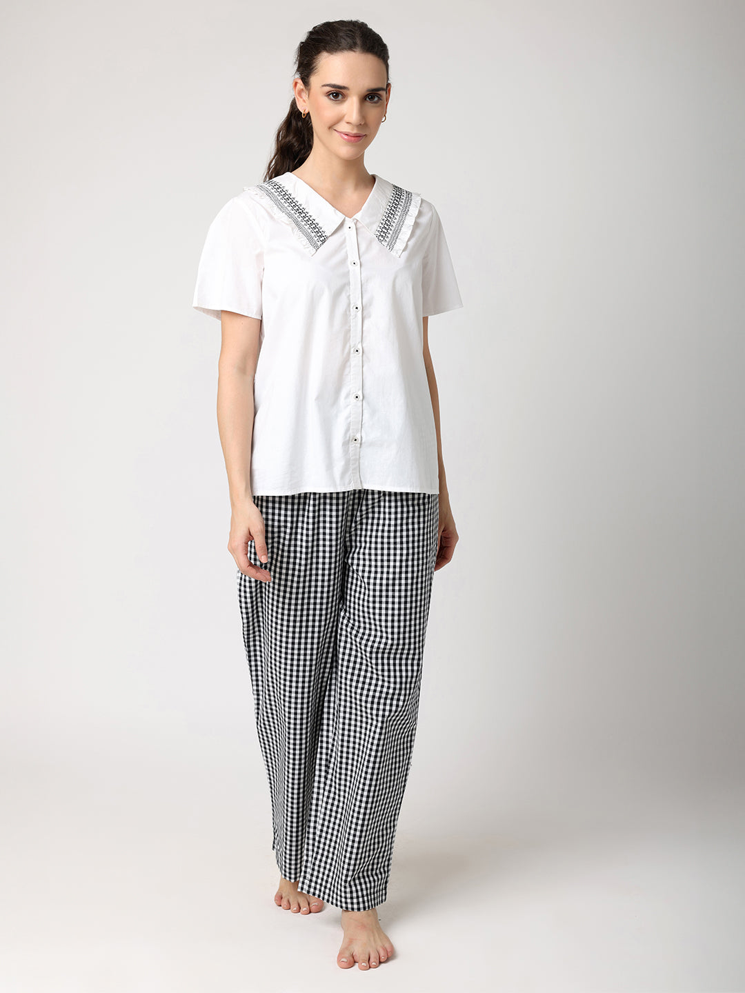 Black & White Checkered Pyjama Set With Smocked Collar White Top