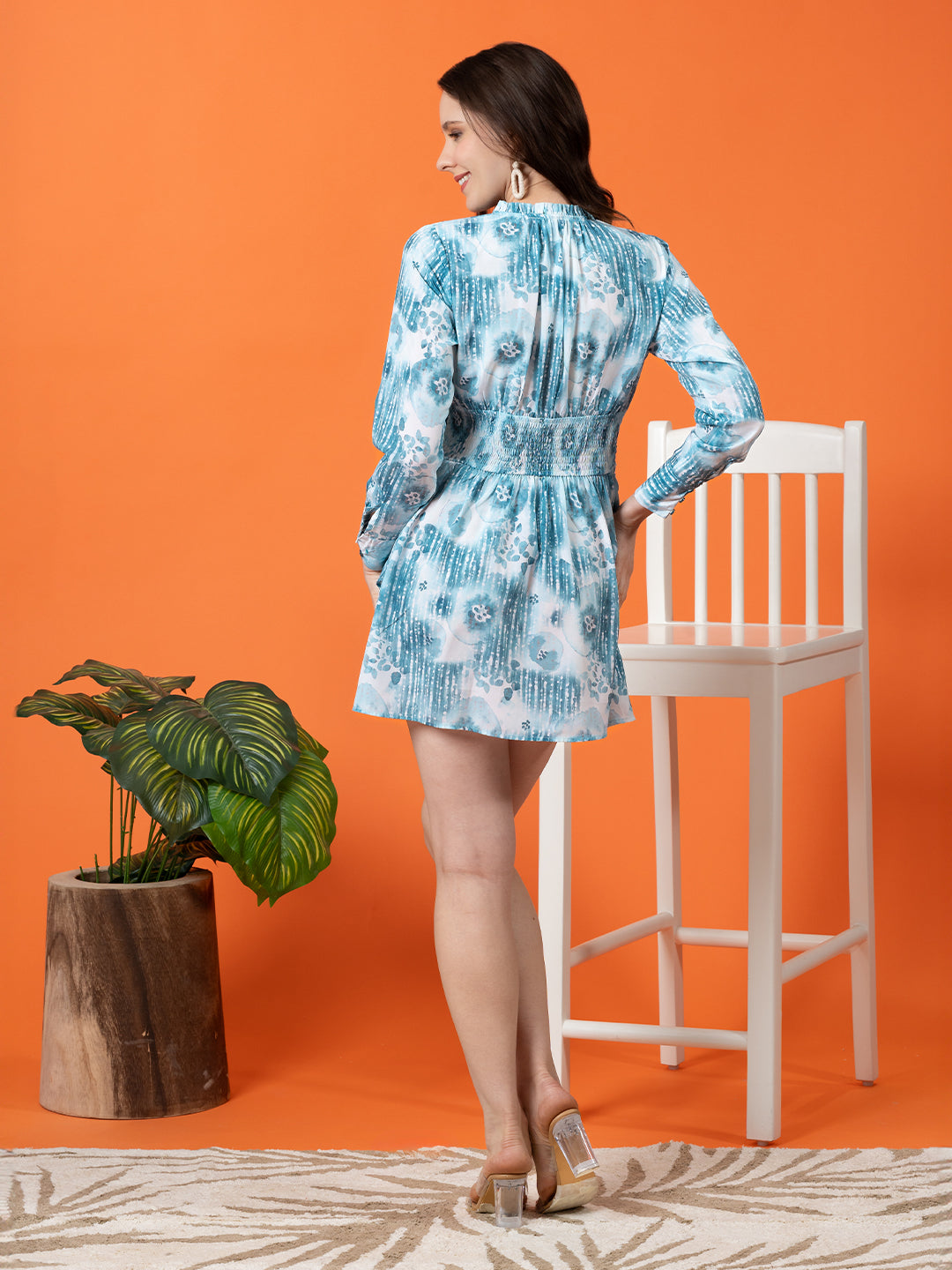Abstract Printed Dress with Rushing at Waist