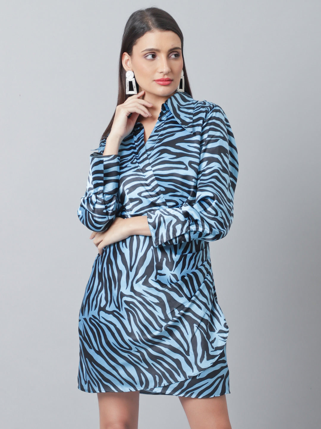 Animal Print Black And Blue Satin Dress