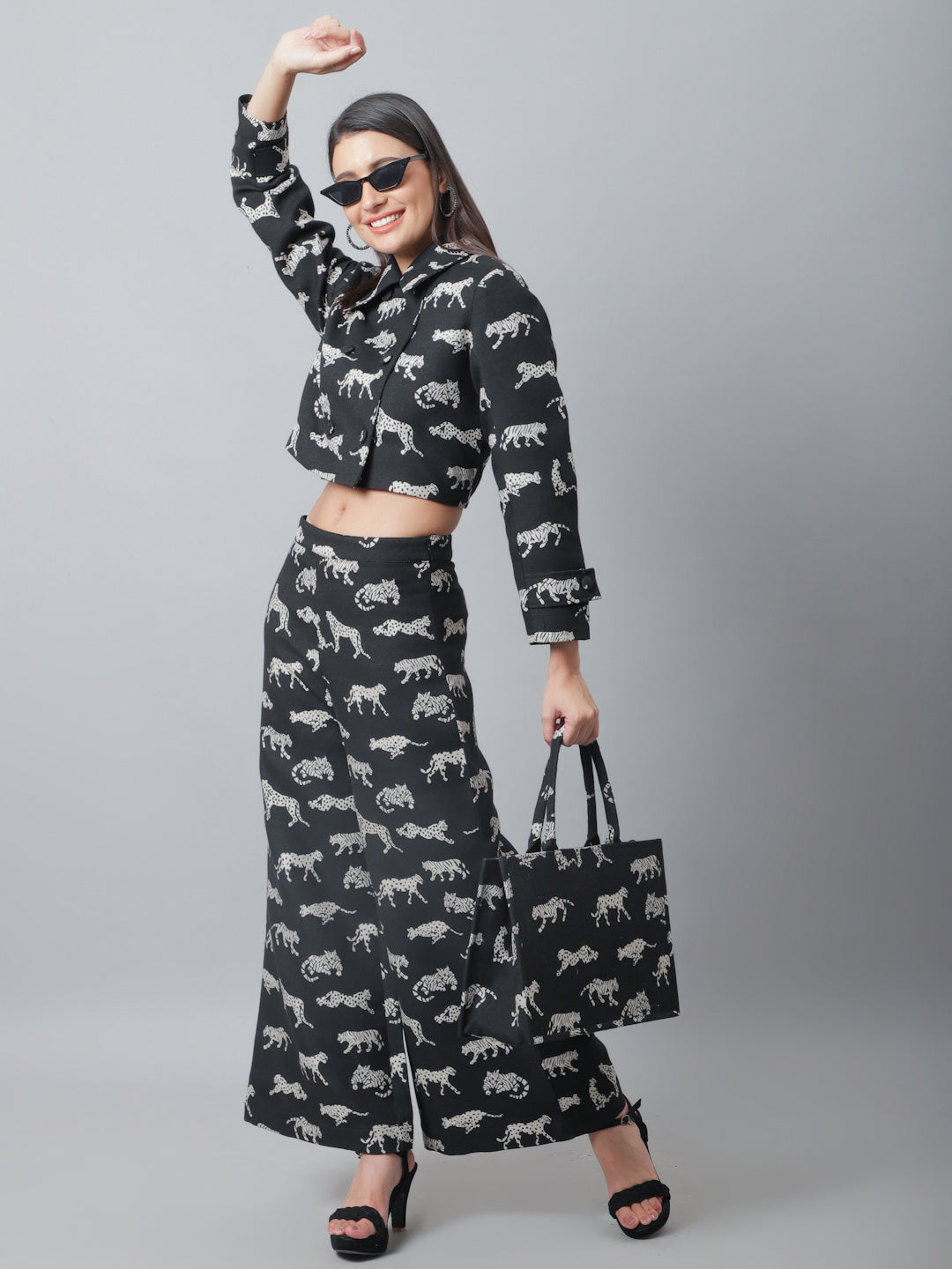 Black Jacquard Tiger Patterned Handbag