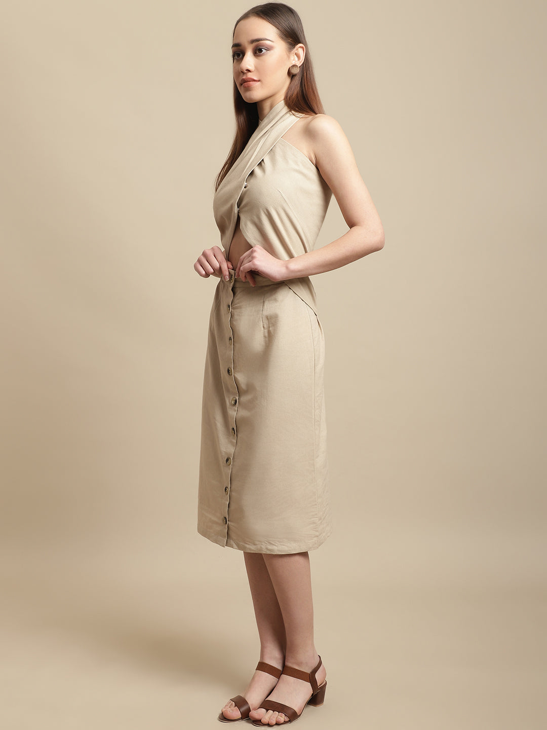 Beige Neck Wrap Dress