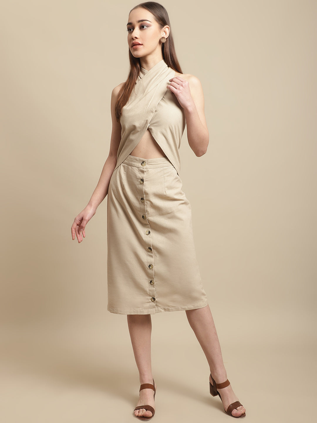 Beige Neck Wrap Dress