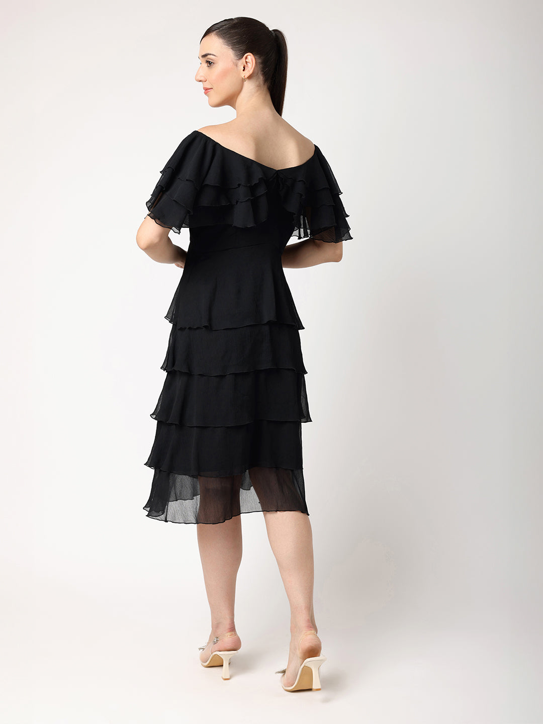 Black Chiffon Layered Dress With White Rose