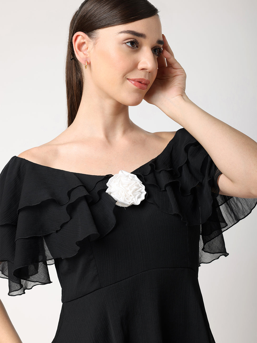 Black Chiffon Layered Dress With White Rose