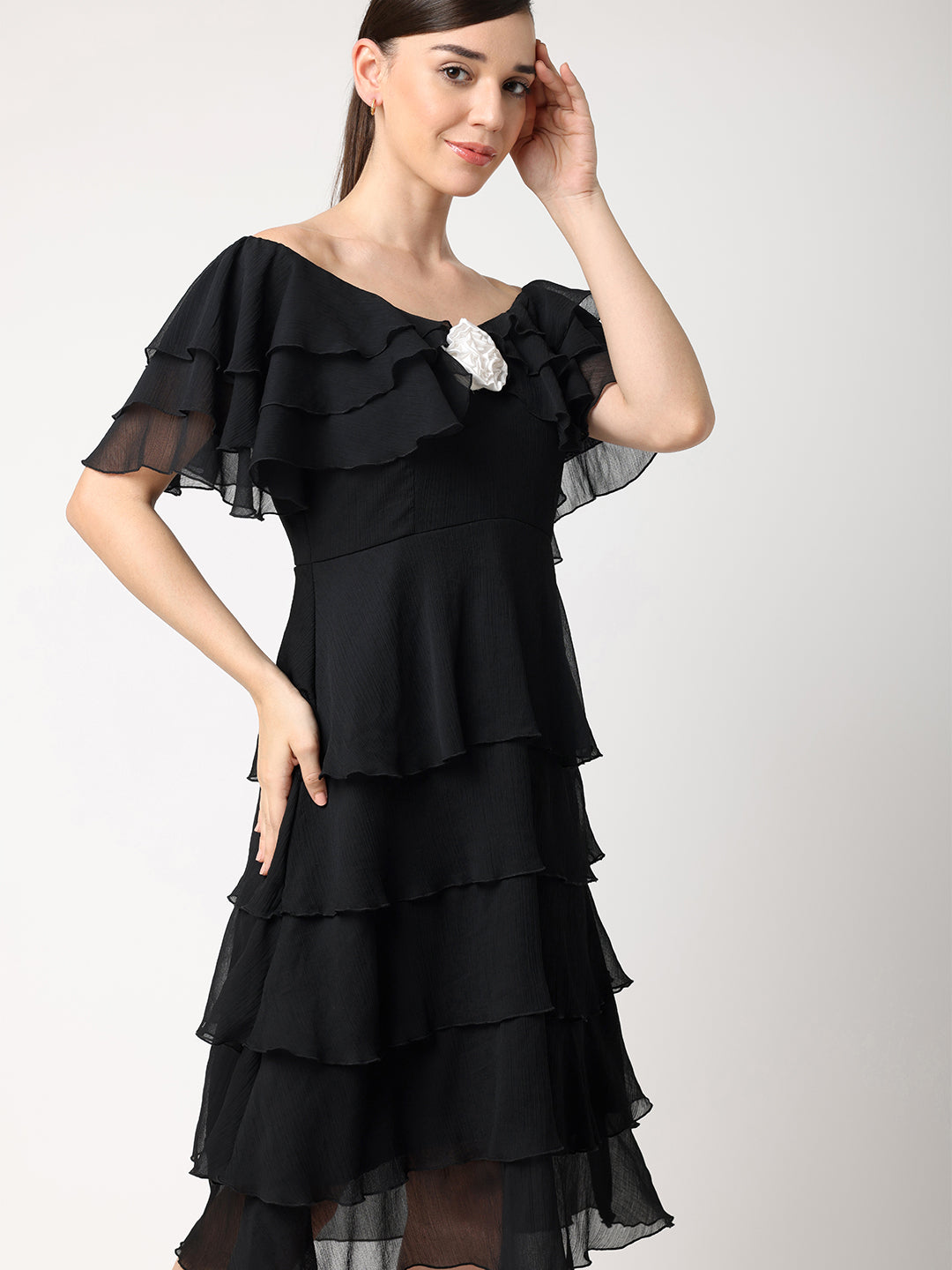 Black Chiffon Layered Dress With White Rose