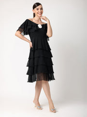 Black Chiffon Layered Dress With White Rose