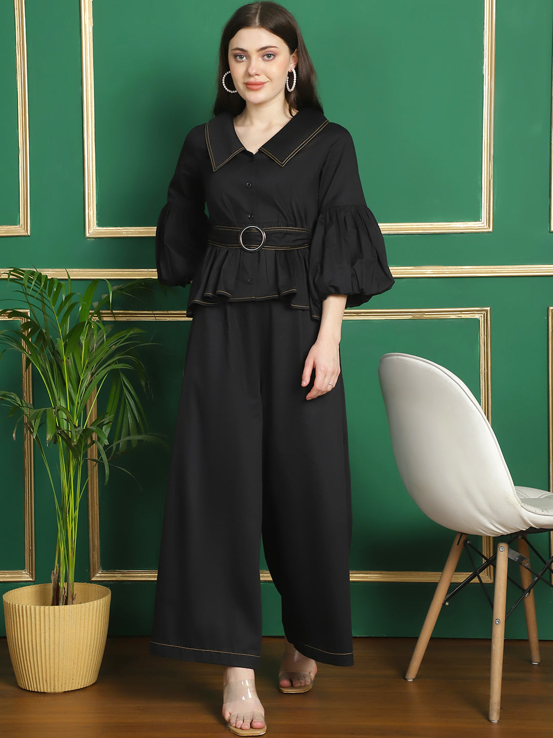 Black Collar Top With Belt coordinated with Trousers