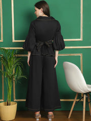 Black Collar Top With Belt coordinated with Trousers