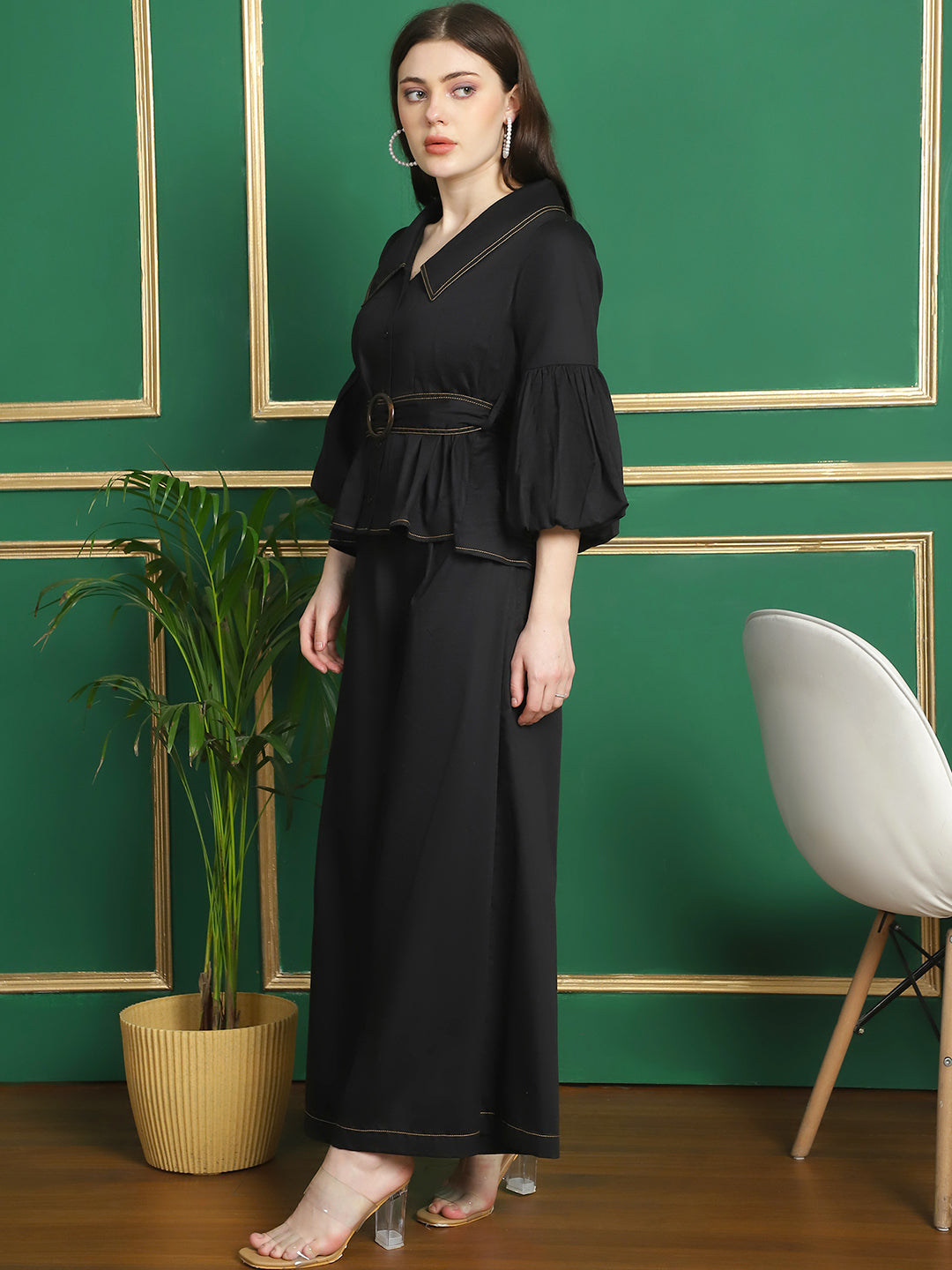 Black Collar Top With Belt coordinated with Trousers