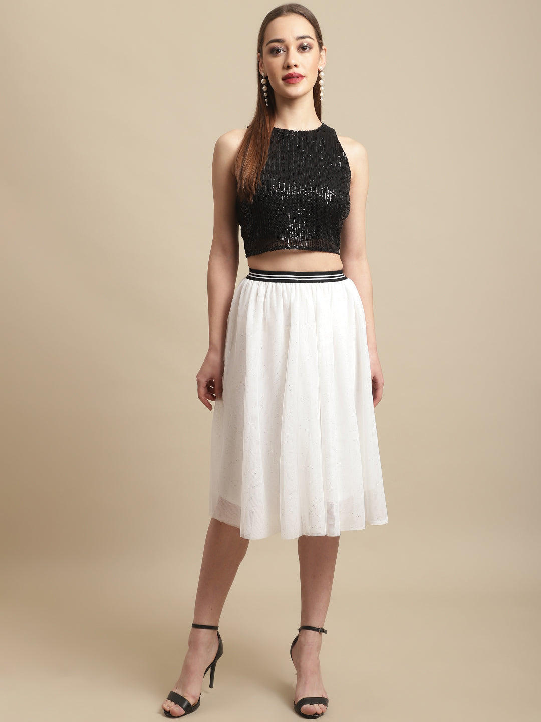 Black Crop Top With Mesh Skirt Co-Ord Set